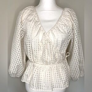 Levis Womens Boho Wrap Top Blouse 3/4 balloon Sleeve Tie Waist size Small Sheer